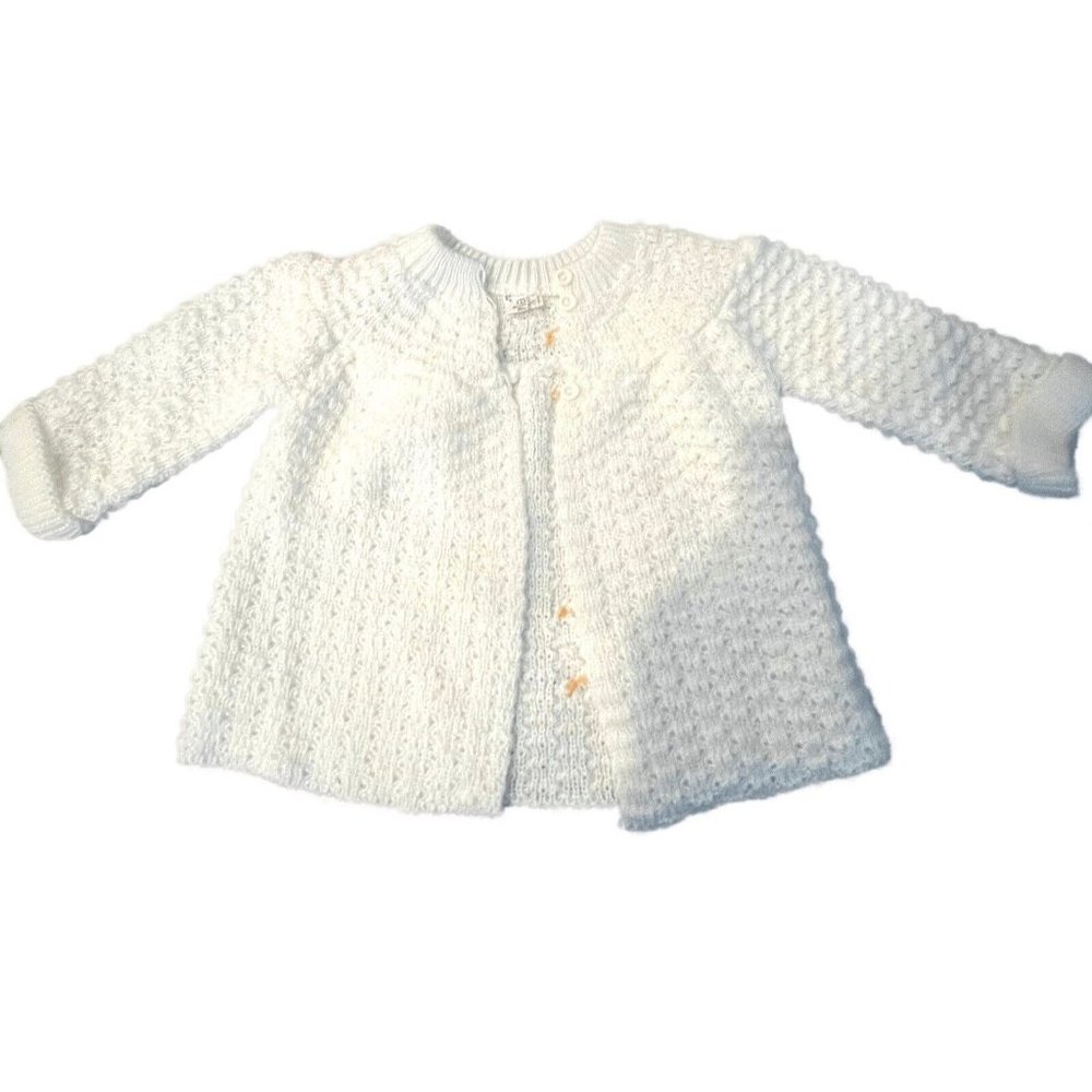 Vtg Italy Knit New Born Baby Layette Ribbon Sweater Pants White Wedding Baptism - Picture 8 of 15